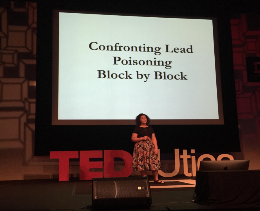 Lana Nitti presenting her research on Utica’s lead poisoning at TEDxUtica Talk. Photo by Cassaundra Baber