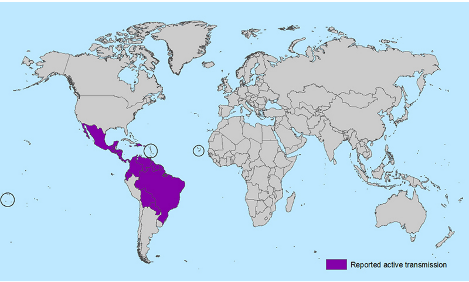 All Countries and Territories with Active Zika Virus Transmission. Photo from the CDC.