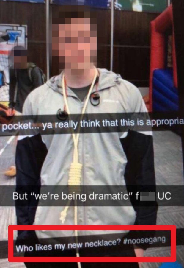 A photo showing a male student with a noose around his neck in Strebel has been circulated on social media. Please note — the face of the individual in the photo has been blurred due to privacy concerns. The image was commented on several times using Snapchat, so the original caption that was sent with the photo has been outlined in red for clarity.
