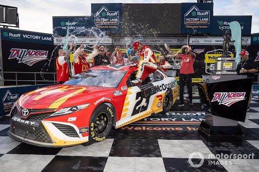 NASCAR driver Darrell Bubba Wallace Jr. celebrates in victory lane after his first career win in the NASCAR Cup Series.