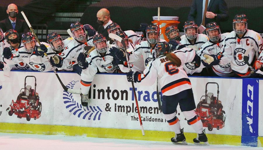 The Utica College Womens Ice Hockey team celebrates a goal being scored.