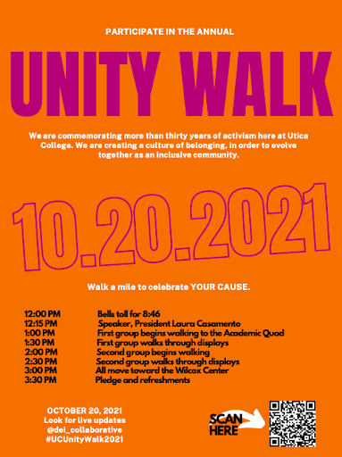 The official schedule for Utica Colleges 30th annual Unity Walk.
