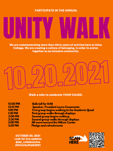 The official schedule for Utica College's 30th annual Unity Walk.