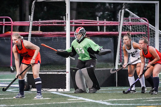 UCFH goalie Megan Chamberlain protects the goal in a game vs. Ithaca College. 