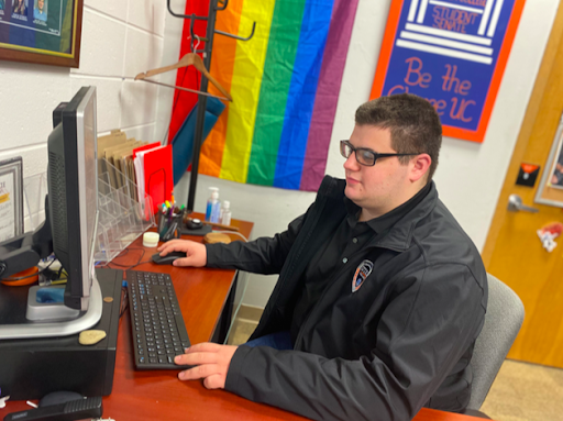 New Student Government Association (SGA) President Colby Kusinitz working in the SGA office, Strebel 207.