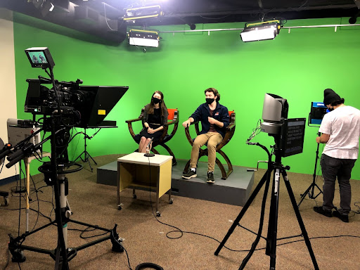 Members of UCTV record an episode. Left: Corrine Bush, Middle: Mark Mason, Right: Francis Tavino.