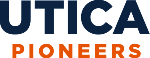 The new Utica University athletics rebranded logo. Utica is in navy, while Pioneers is in orange.