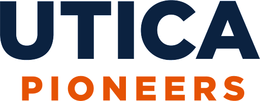 The new Utica University athletics rebranded logo. Utica is in navy, while Pioneers is in orange.