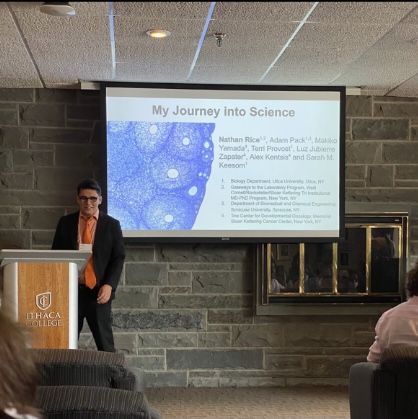Photo of Nathan Rice presenting at the 2022 Central NY LSAMP Symposium at Ithaca College on September 17.
