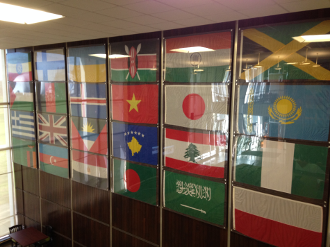 National flags hang from the wall in the Strebel Student Center.