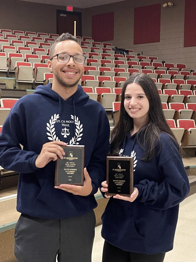 Megan Tierney and Nolan Hyman after being awarded with the Outstanding Attorney award at the St. Bonaventure 11th Annual Friar Face-Off Tournament Closing Ceremony.