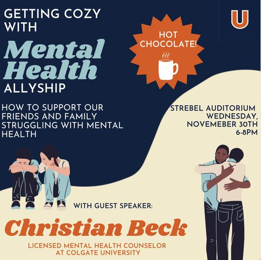 Poster that promotes the Mental Health Allyship forum with guest speaker Christian Beck.