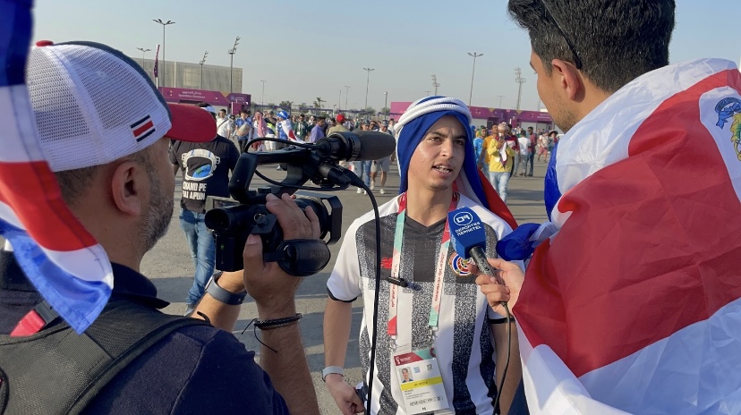 CMM student Andres Jaime Mendez interviewing for Costa Rican media at the Qatar World Cup in November 2022. 