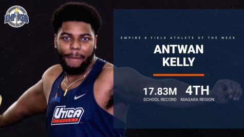 Photo of Antwan Kelly and his school record throw. Courtesy of uticauniversityathletics.com