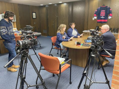A peek inside the setup of the interview in Dr. Todd’s office. EIC Isa Hudziak and Managing Editor Hollie David sit with their questions and UticaTV’s Mark Mason mans one of the cameras. Photo courtesy of Leola Beck.