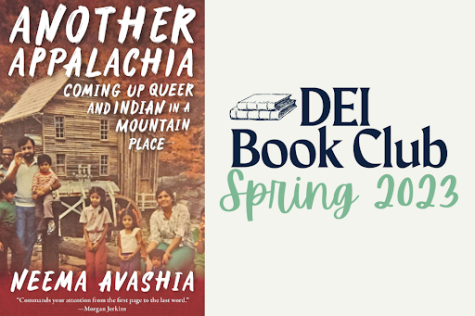 A graphic promoting the current book club read, Another Appalachia: Coming Up Queer and Indian in a Mountain Place by Neema Avashia.