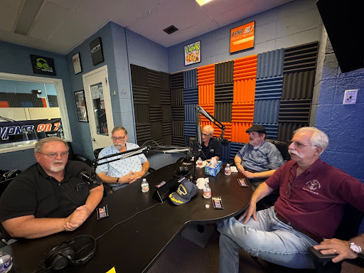 Utica University and WPNR alumni reunite in WPNR’s station. From left Paul deLaubell, Kirk Starczewski, Bill Lee, Burt Stein and Ed Naidamast. Photo courtesy of Doug Croft. 

