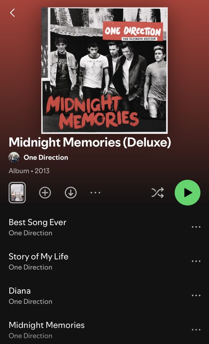 Screenshot of One Direction's Midnight Memories album on Spotify. 