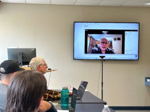 Larry Platt, an ‘85 Utica journalism alum, joins Professor David Chanatry’s Documentary Filmmaking class via Zoom. Photo by Mary Christopher.

