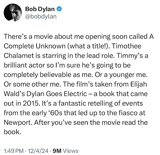 Screenshot of an X post Bob Dylan shared on Dec. 4, 2024.
