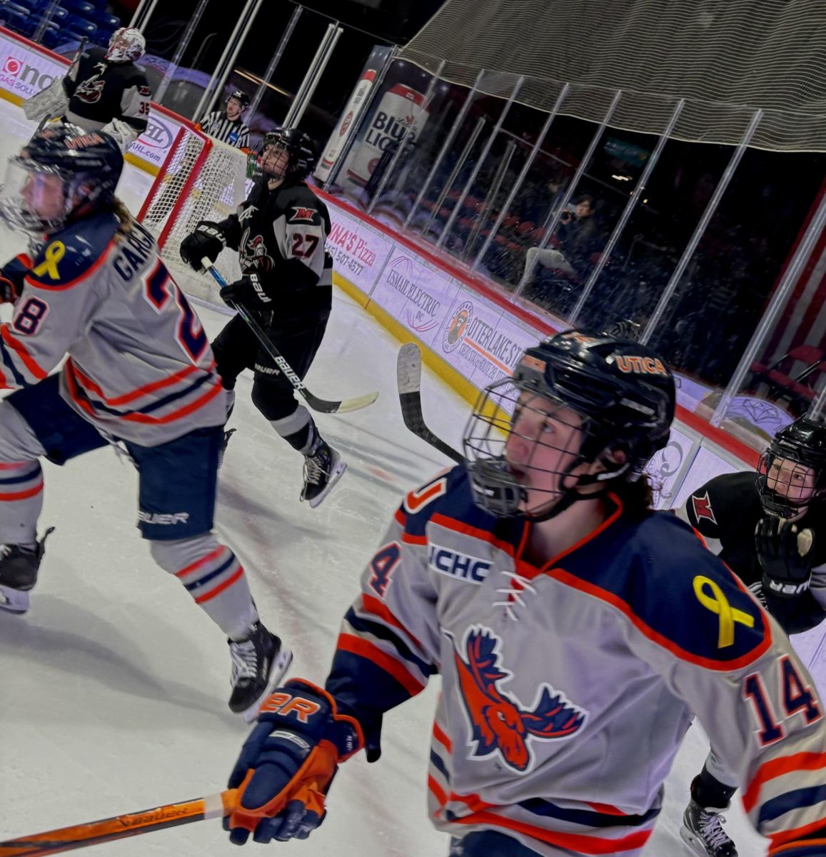 The Utica University Women's Hockey team on the ice during a recent game against Chatham University. Photo by Jenna Skutnik