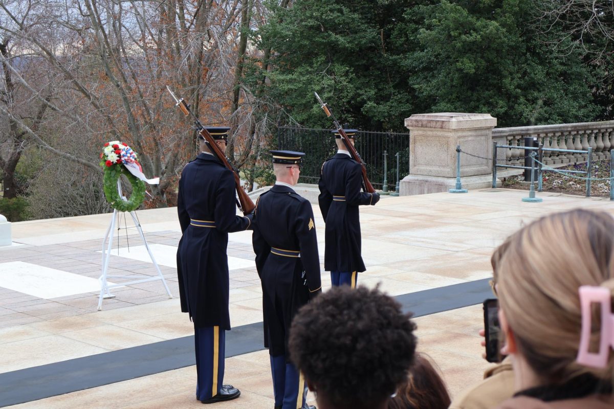 A crowd watches the changing of the guard at the Tomb of the Unknown Soldier.