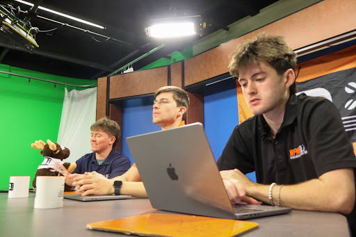From left, Jeremy Horowitz, James Brown and Jack Rathburn record an episode of "The 4 J's Sports Show.." Photo by Trey Manganaro