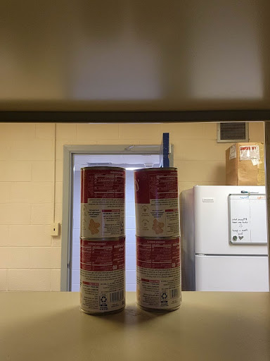 Soup cans stacked on low-inventory shelves at the Tangerine Grove Food Pantry at Utica University. Photo by James Hymon.
