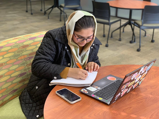 An international student studying in the Frank E. Gannett Memorial Library.