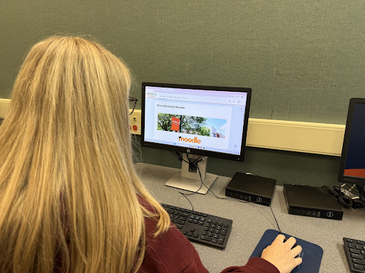A Utica University student logs into Moodle on campus. Photo by Jenna Skutnik
