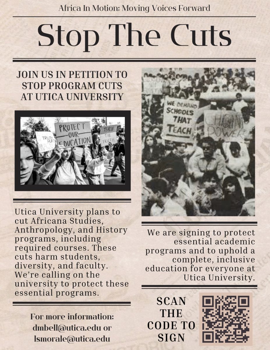 Image of "Stop The Cuts" petition created by Africa In Motion (AIM). AIM hopes to stop proposed cuts to the Africana Studies, History and Anthropology programs. 