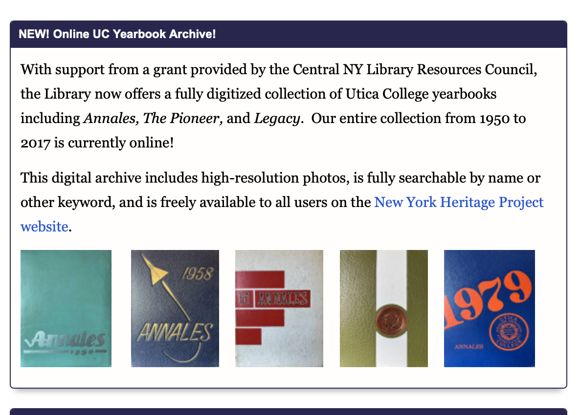 A screenshot of the Utica University Archive webpage, featuring the new online UC Yearbook Archive. 
